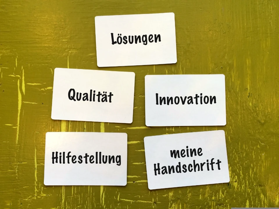Das Bild zeigt fünf Zettel, die an einer Wand kleben. Text:
Lösungen, Qualität, Innovation, Hilfestellung, meine Handschrift.